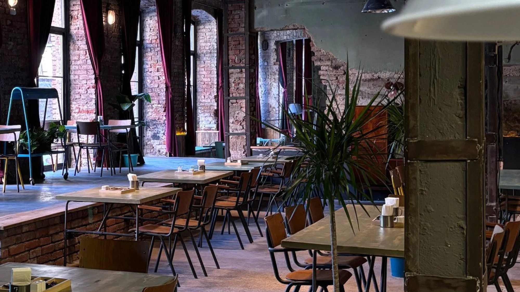 The main hall at Zeche — arched factory windows, long tables and plants